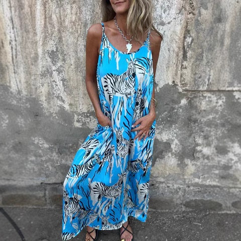 💙Vestido sin espalda con tirantes finos estampados para mujer-ES