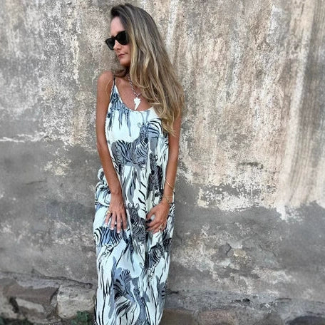 💙Vestido sin espalda con tirantes finos estampados para mujer-ES