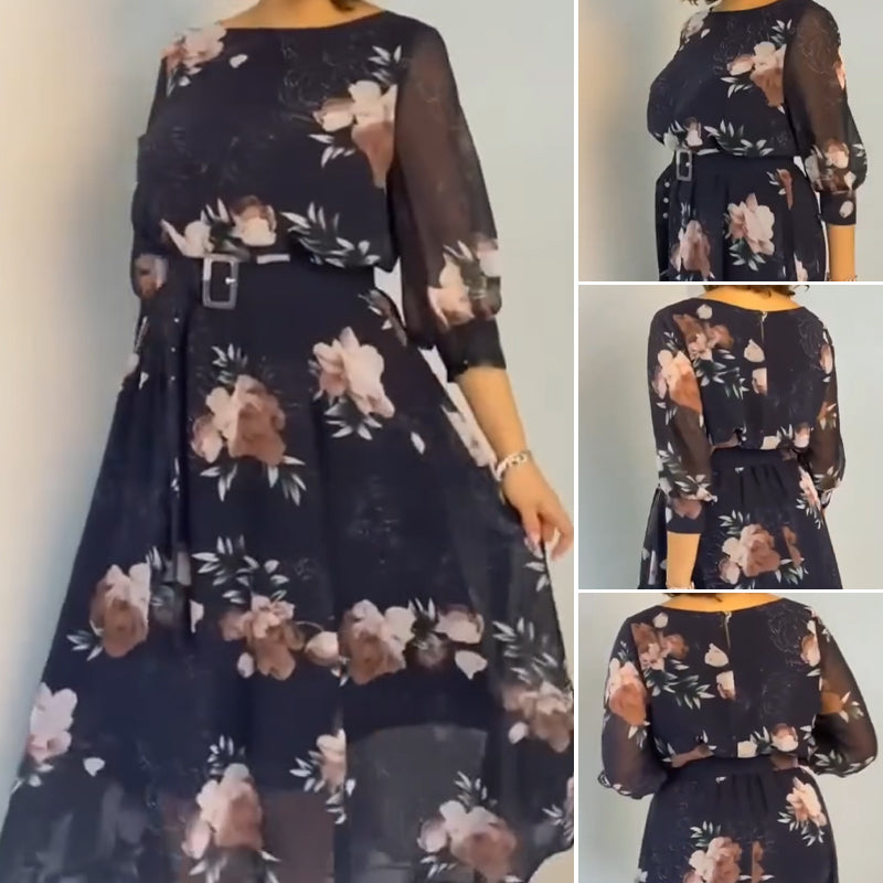 【S-4XL】🌺Vestido floral de cuello redondo con cinturón-ES