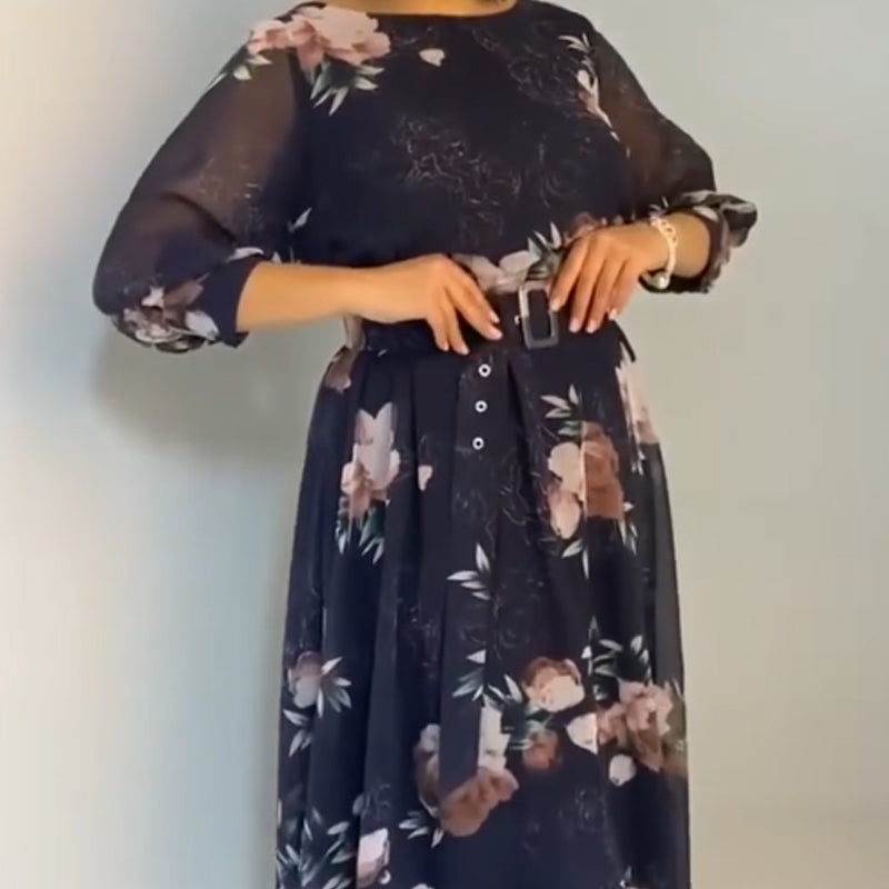 【S-4XL】🌺Vestido floral de cuello redondo con cinturón-ES