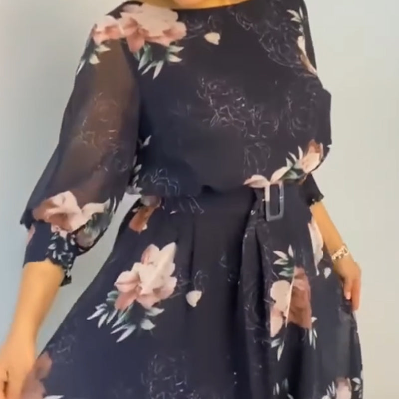 【S-4XL】🌺Vestido floral de cuello redondo con cinturón-ES