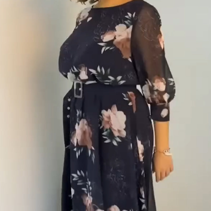 【S-4XL】🌺Vestido floral de cuello redondo con cinturón-ES