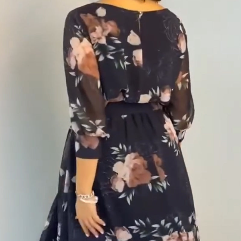 【S-4XL】🌺Vestido floral de cuello redondo con cinturón-ES