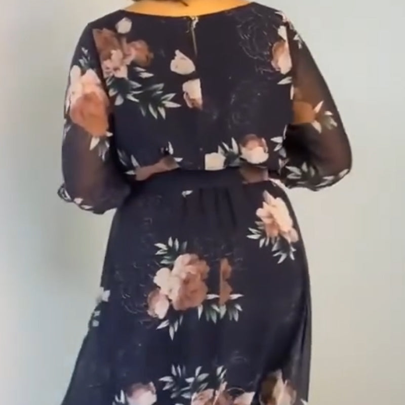 【S-4XL】🌺Vestido floral de cuello redondo con cinturón-ES
