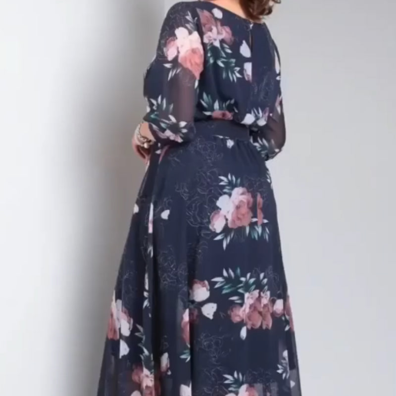 【S-4XL】🌺Vestido floral de cuello redondo con cinturón-ES