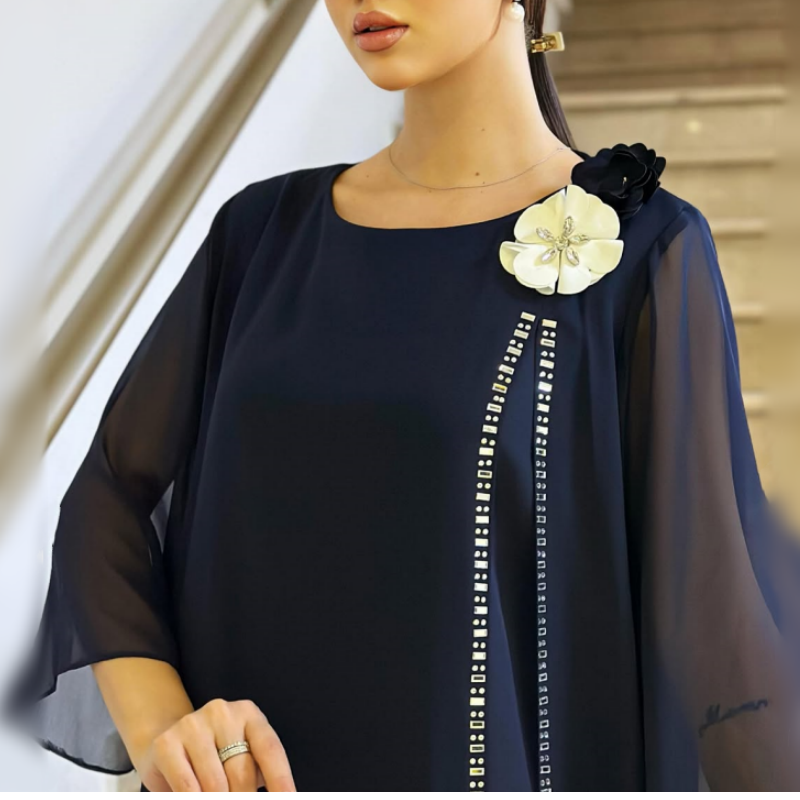 🌸✨【S-4XL】Dámske sieťované šaty s okrúhlym výstrihom a kvetinovým akcentom-SK