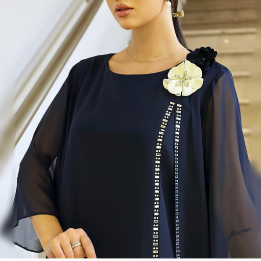 🌸✨【S-4XL】Dámske sieťované šaty s okrúhlym výstrihom a kvetinovým akcentom-SK