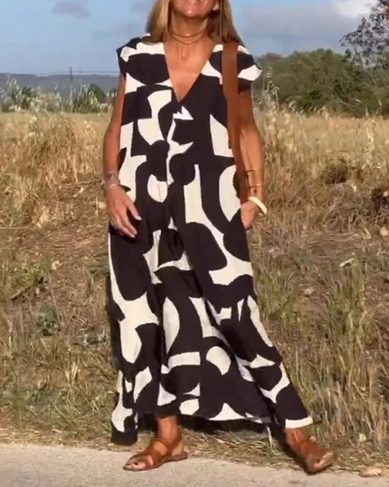 💕Vestido estampado con cuello en V sin mangas-ES