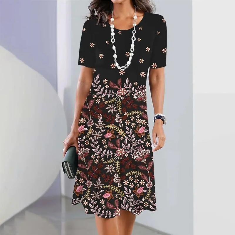 🌸Elegante vestido de mujer con escote redondo y estampados florales.-ES