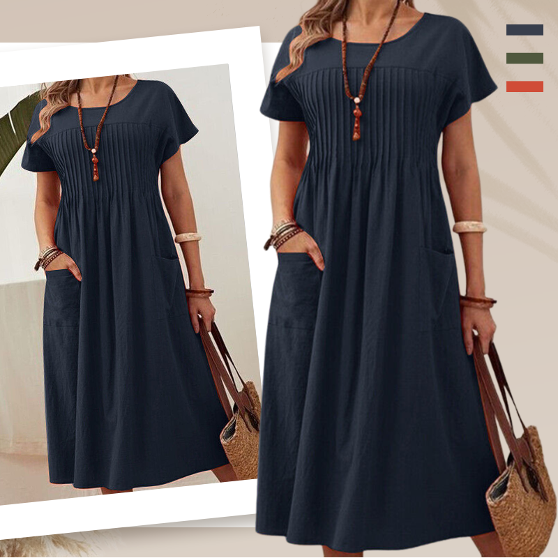 Vestido plisado de mujer con mangas cortas y bolsillos.-ES
