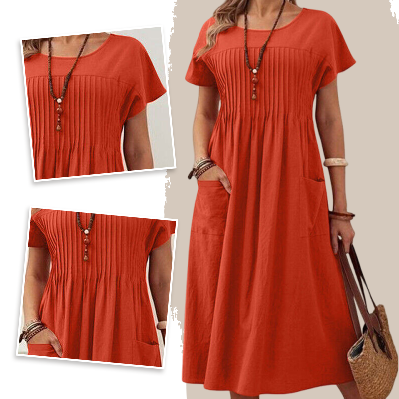Vestido plisado de mujer con mangas cortas y bolsillos.-ES
