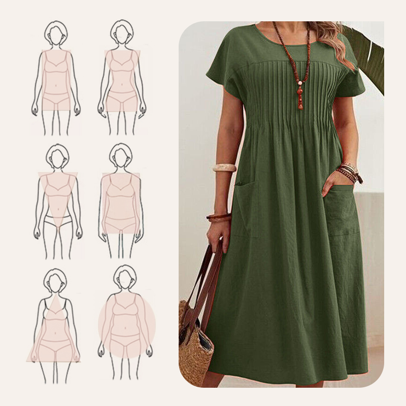 Vestido plisado de mujer con mangas cortas y bolsillos.-ES