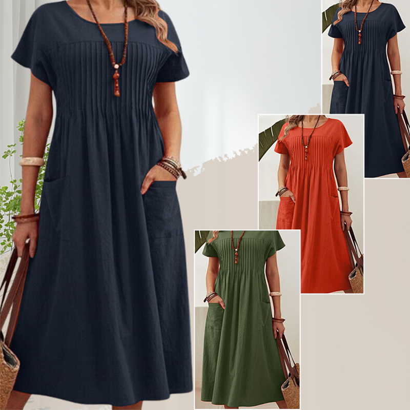 Vestido plisado de mujer con mangas cortas y bolsillos.-ES