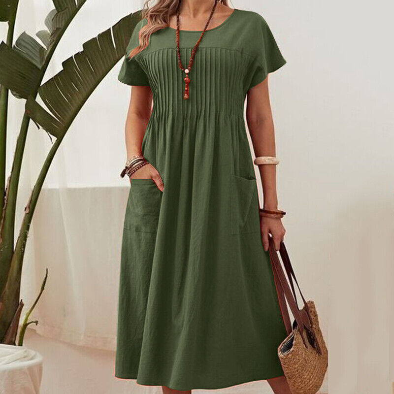 Vestido plisado de mujer con mangas cortas y bolsillos.-ES