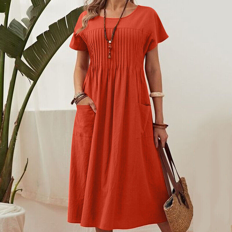 Vestido plisado de mujer con mangas cortas y bolsillos.-ES