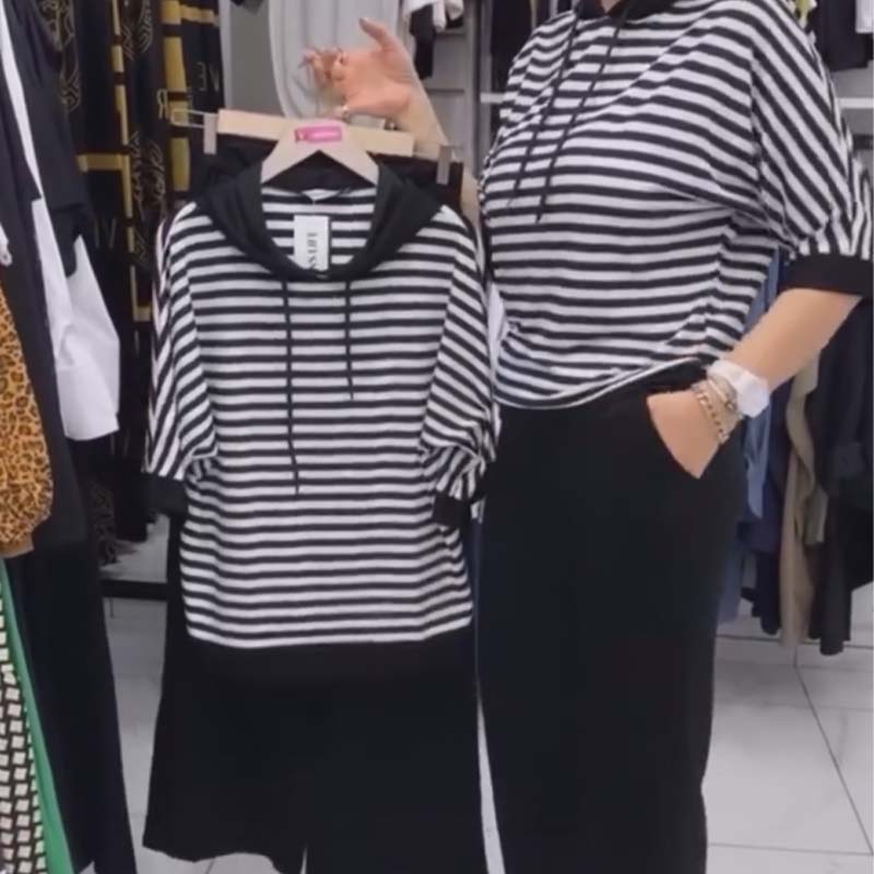 ✨ Moteriškų dryžuotų viršutinių ir vienspalvių kelnių rinkinys-LT