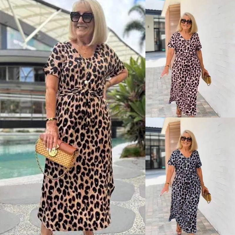 💃Leopardo rašto suknelė su V formos iškirpte-LT