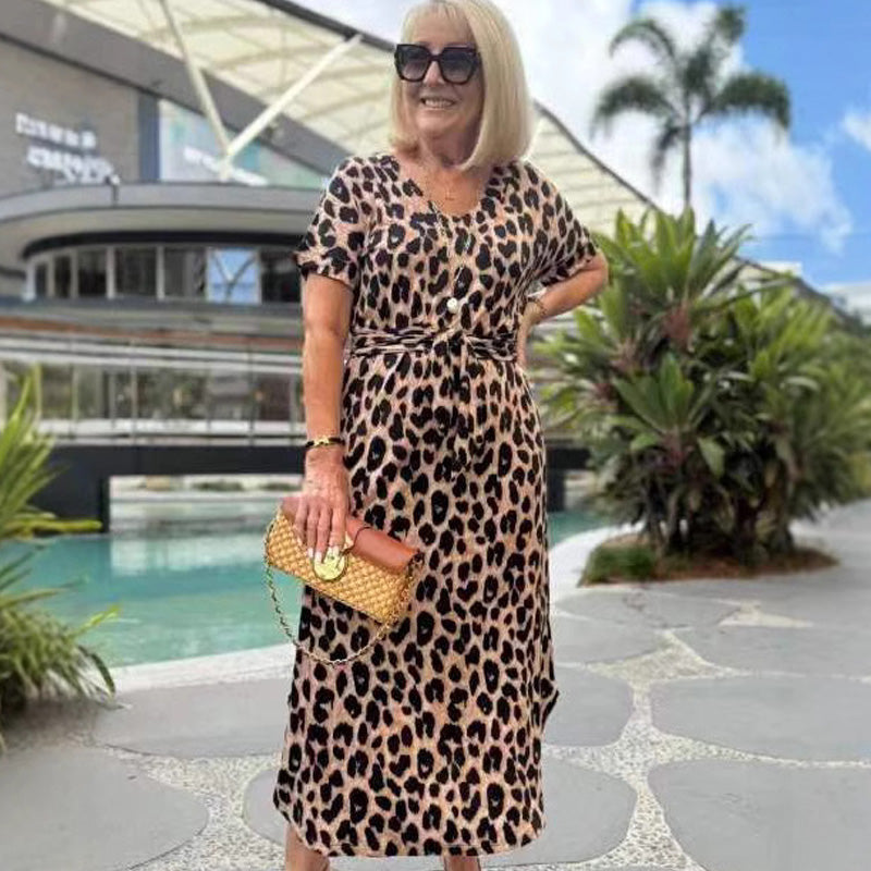 💃Leopardo rašto suknelė su V formos iškirpte-LT