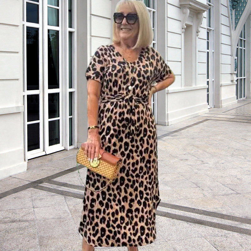 💃Leopardo rašto suknelė su V formos iškirpte-LT