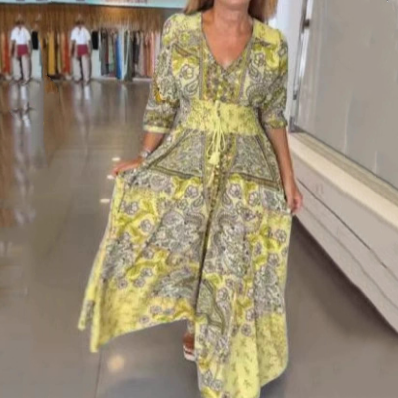 Dámske elegantné kvetinové dlhé šaty so sťahovacou šnúrkou-SK