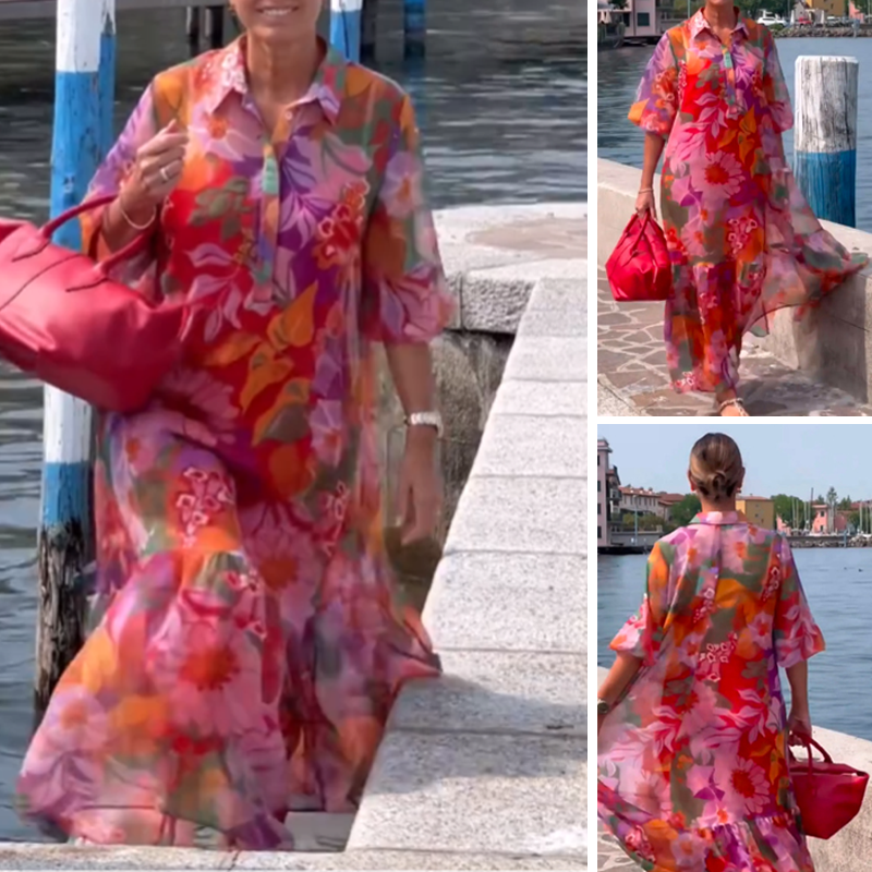 Raudona šifono suknelė su gėlių raštu-LT