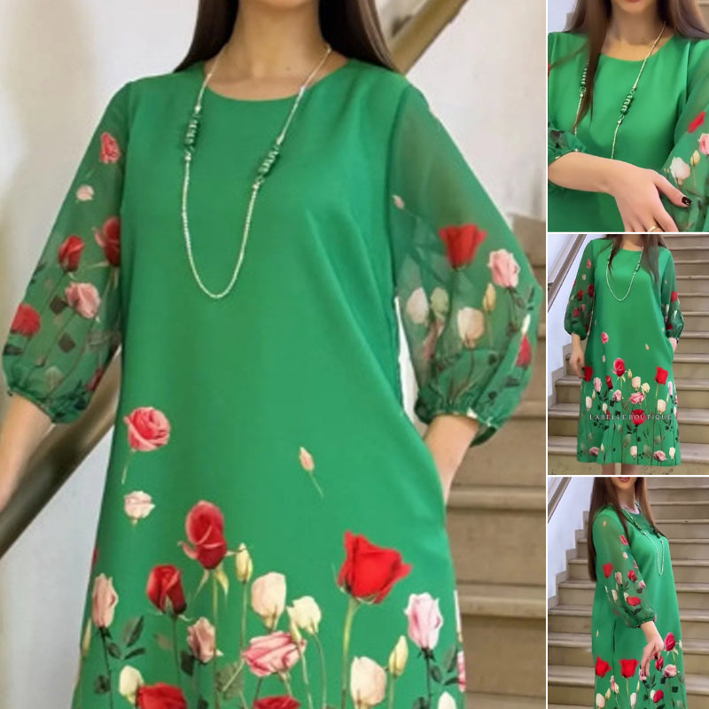Vestido elegante de mujer con flores y escote redondo.-ES