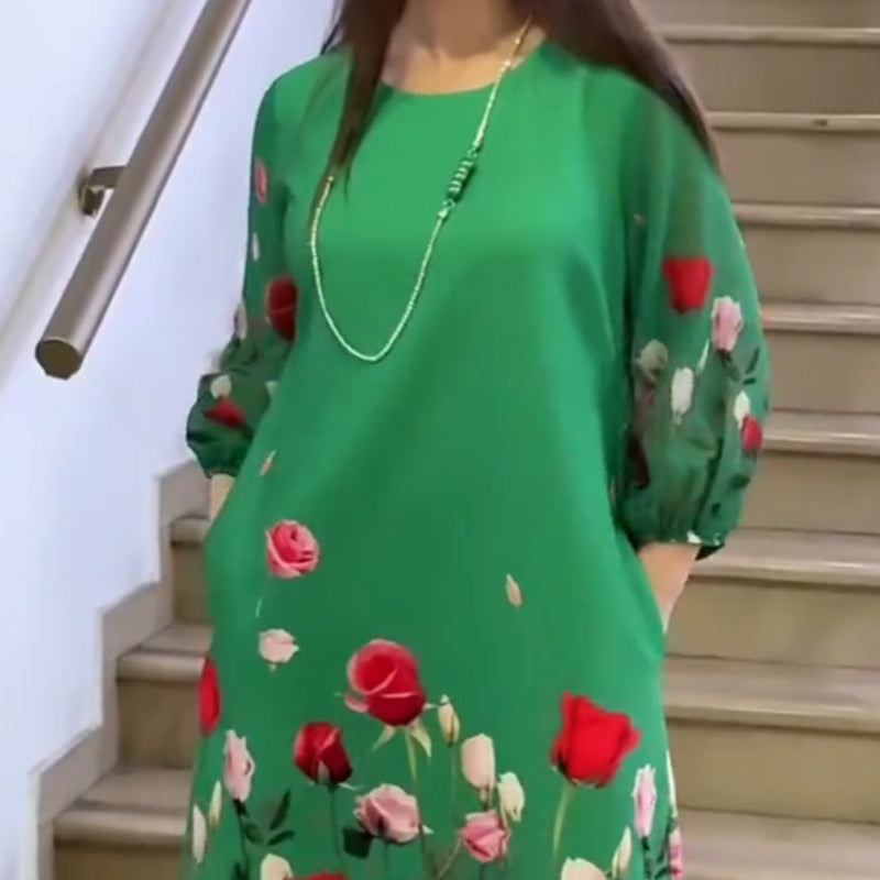Vestido elegante de mujer con flores y escote redondo.-ES