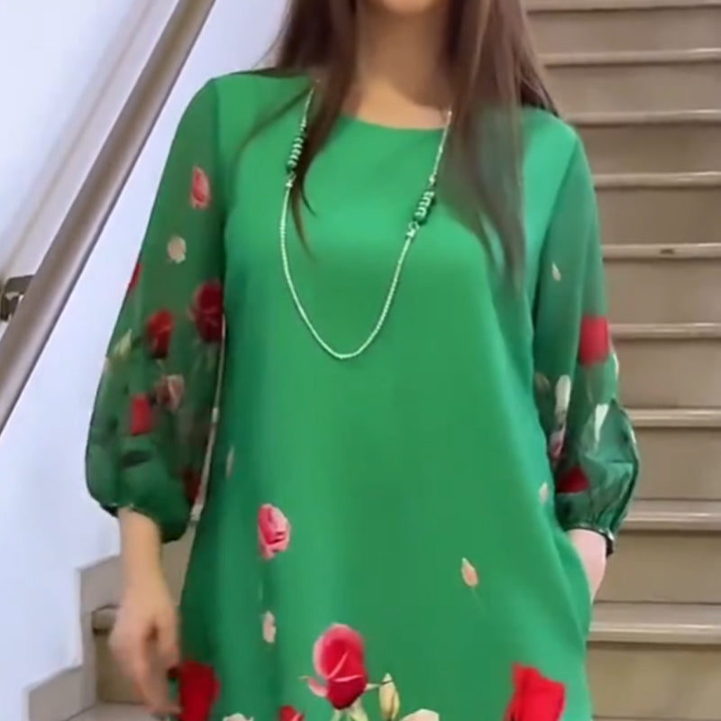 Vestido elegante de mujer con flores y escote redondo.-ES