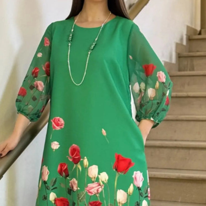 Vestido elegante de mujer con flores y escote redondo.-ES