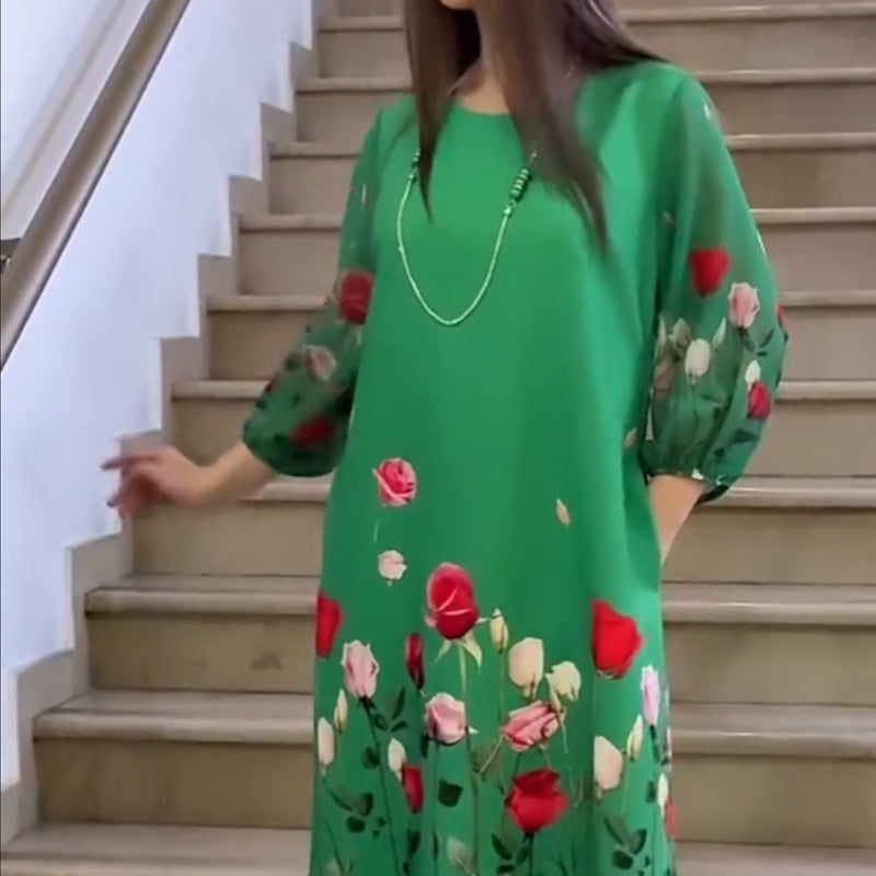 Vestido elegante de mujer con flores y escote redondo.-ES