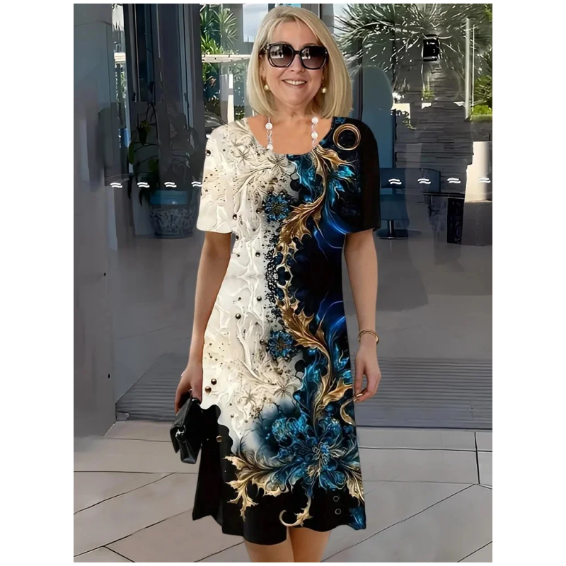 👗 Vestido de manga corta con cuello redondo y estampado floral de verano para mujer-ES