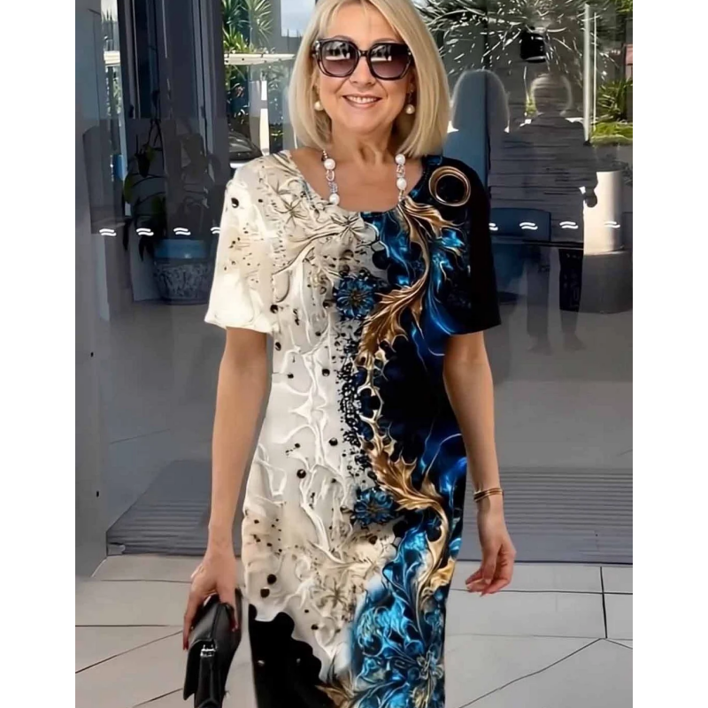 👗 Vestido de manga corta con cuello redondo y estampado floral de verano para mujer-ES
