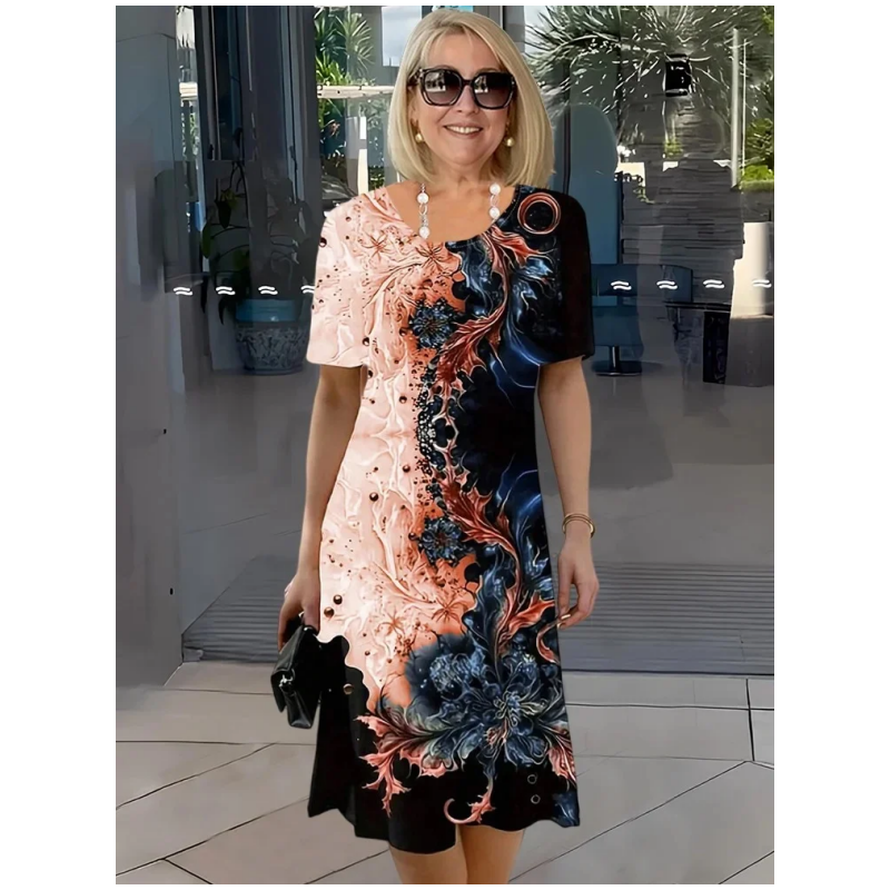 👗 Vestido de manga corta con cuello redondo y estampado floral de verano para mujer-ES