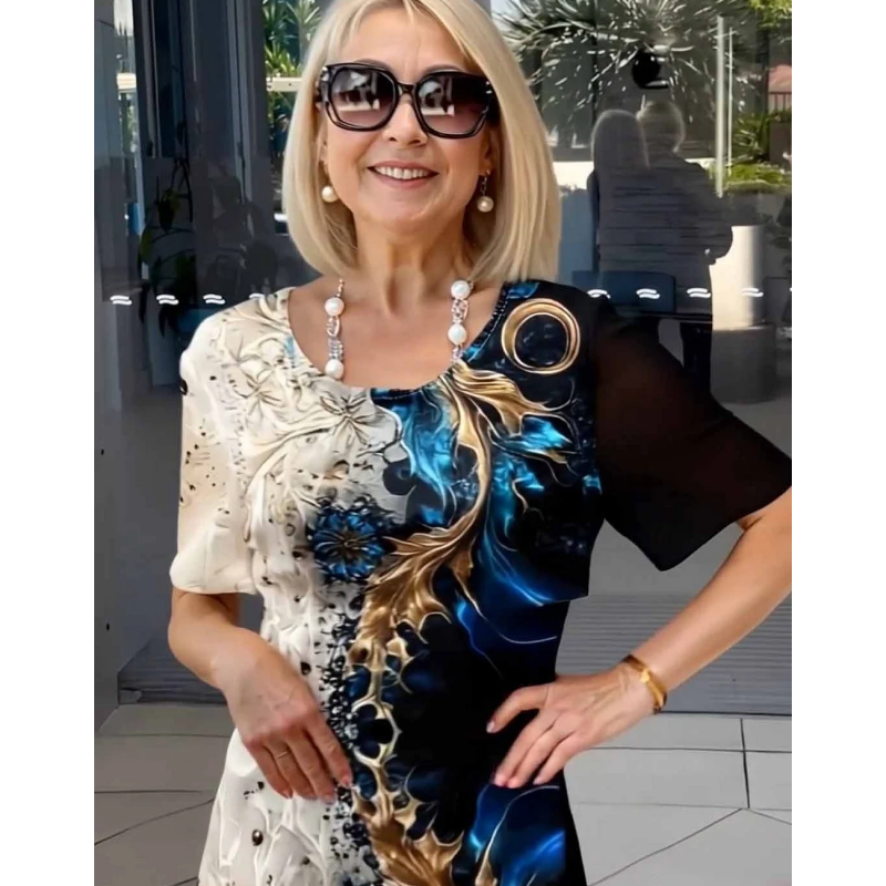 👗 Vestido de manga corta con cuello redondo y estampado floral de verano para mujer-ES
