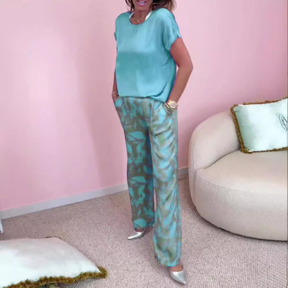 🎉【S-4XL】💝Conjunto de dos piezas: top de cuello redondo y pantalón estampado de pierna ancha-ES