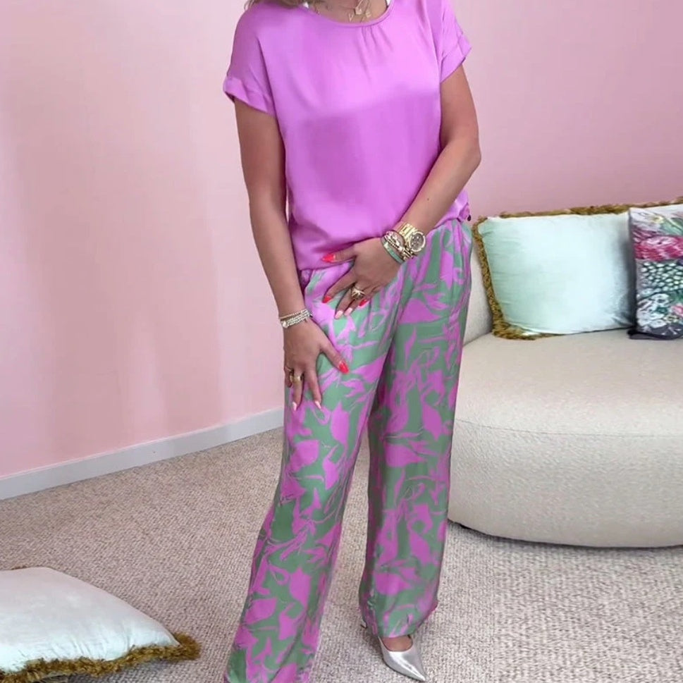 🎉【S-4XL】💝Conjunto de dos piezas: top de cuello redondo y pantalón estampado de pierna ancha-ES