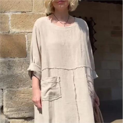 🌿Μονόχρωμο φόρεμα με στρογγυλή λαιμόκοψη, αναπνεύσιμο🌪️-GR