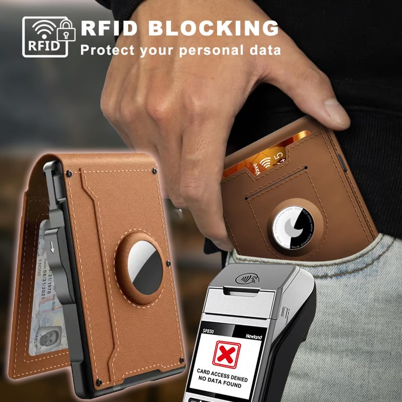 🎁Vyriška „AirTag“ piniginė – atlenkiamas aliuminio dėklas, pinigų segtukas, ploni odiniai skyriai, kreditinių kortelių dėklas, RFID blokavimas, minimalistinė sulankstoma piniginė-LT