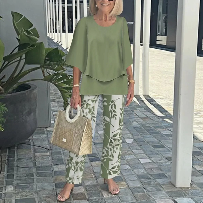 💐Conjunto de pantalón estampado y top de cuello redondo-ES