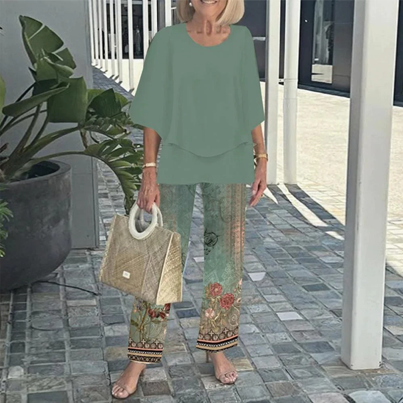 💐Conjunto de pantalón estampado y top de cuello redondo-ES