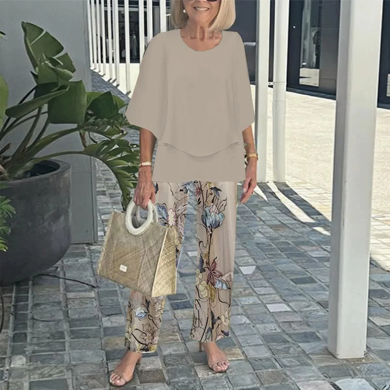 💐Conjunto de pantalón estampado y top de cuello redondo-ES