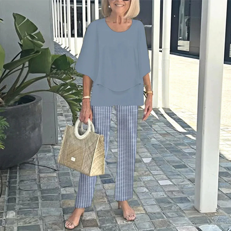 💐Conjunto de pantalón estampado y top de cuello redondo-ES