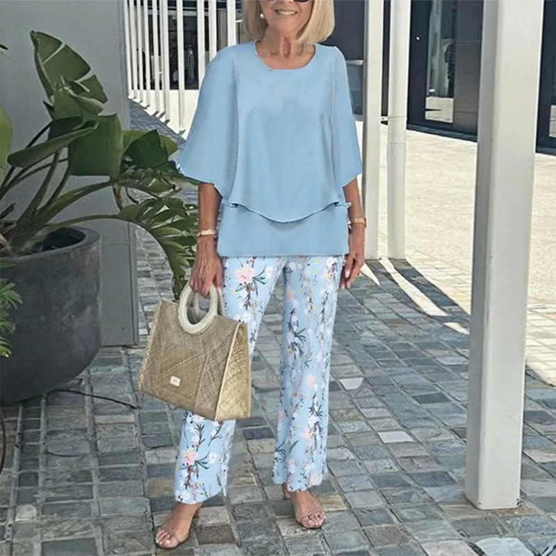 💐Conjunto de pantalón estampado y top de cuello redondo-ES