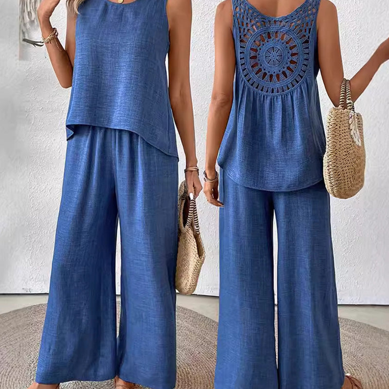 👖Top sin mangas + pantalón ancho-ES