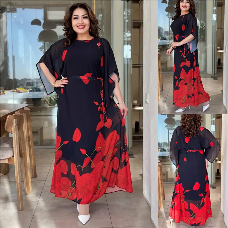 👗 Obleka z okroglim izrezom in pasom 🌸 | Cvetlični potisk | Nastavljiva silhueta-SI