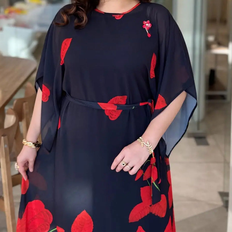 👗 Obleka z okroglim izrezom in pasom 🌸 | Cvetlični potisk | Nastavljiva silhueta-SI