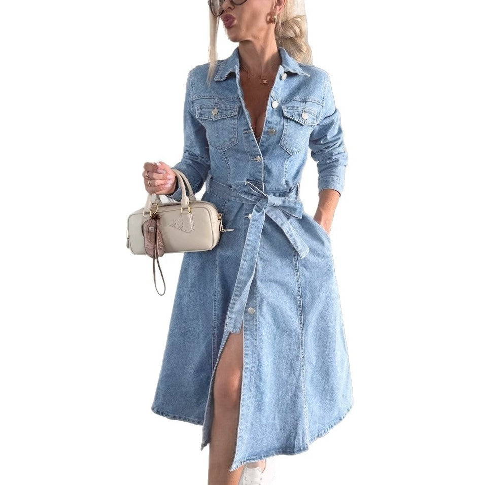 ✨Moteriška džinsinė suknelė ilgomis rankovėmis ir sagomis👗-LT