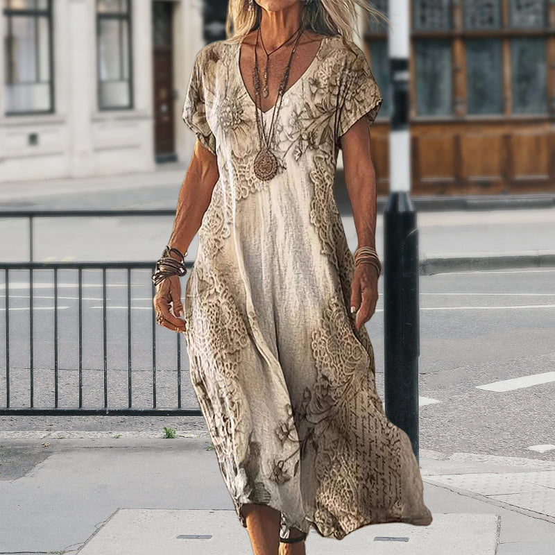 ✨Vestido de mujer con cuello en V y manga corta estampado-ES