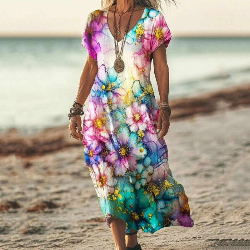 ✨Vestido de mujer con cuello en V y manga corta estampado-ES