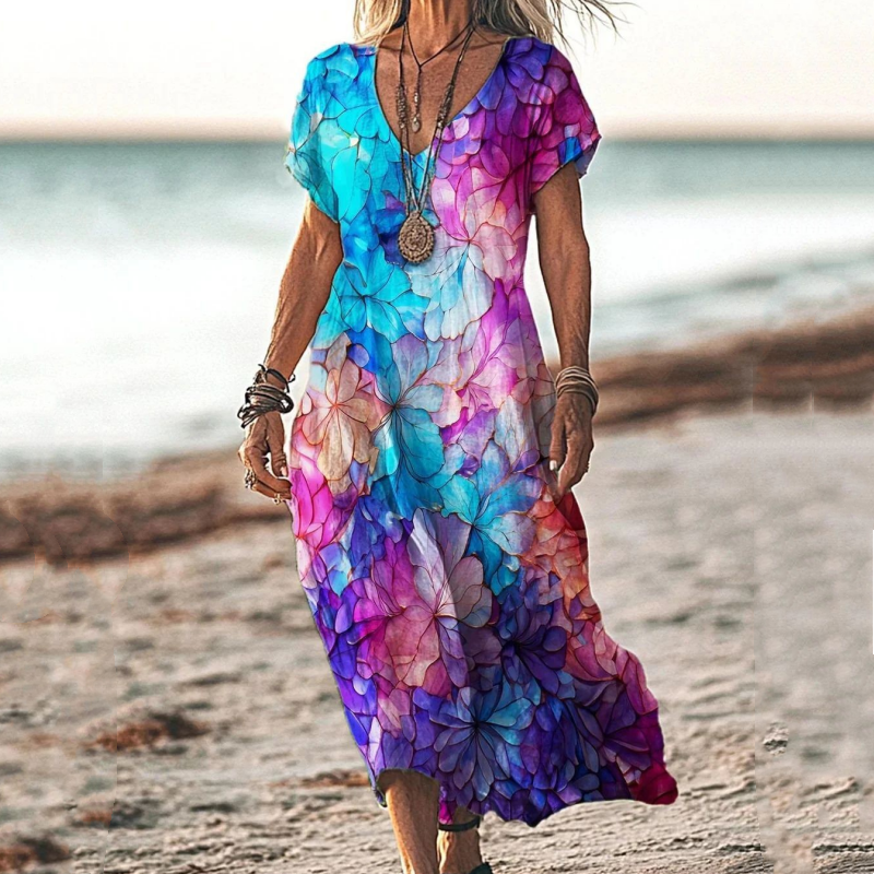 ✨Vestido de mujer con cuello en V y manga corta estampado-ES